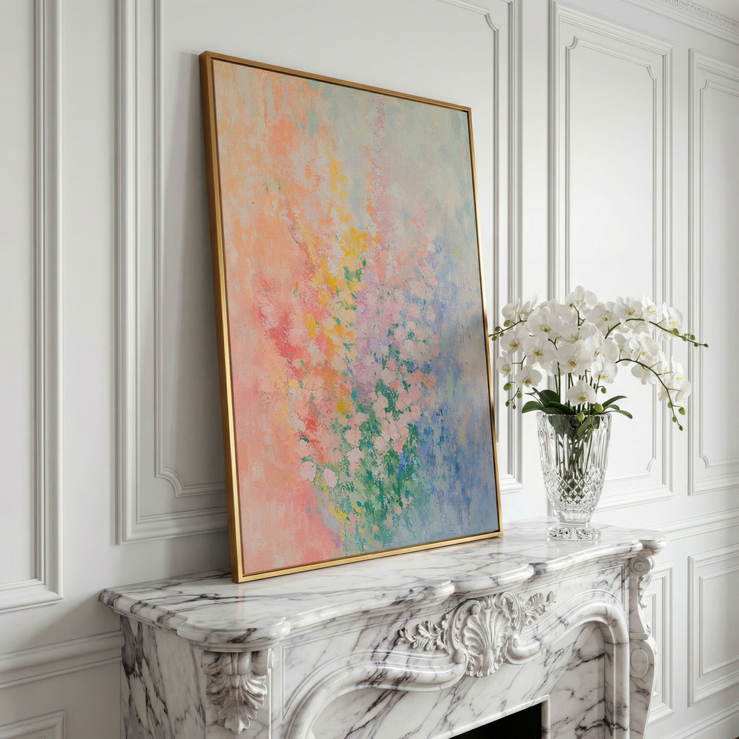 Abstract Pink Blossom Canvas with Peach-to-Blue Gradient in yellow gold floating frame