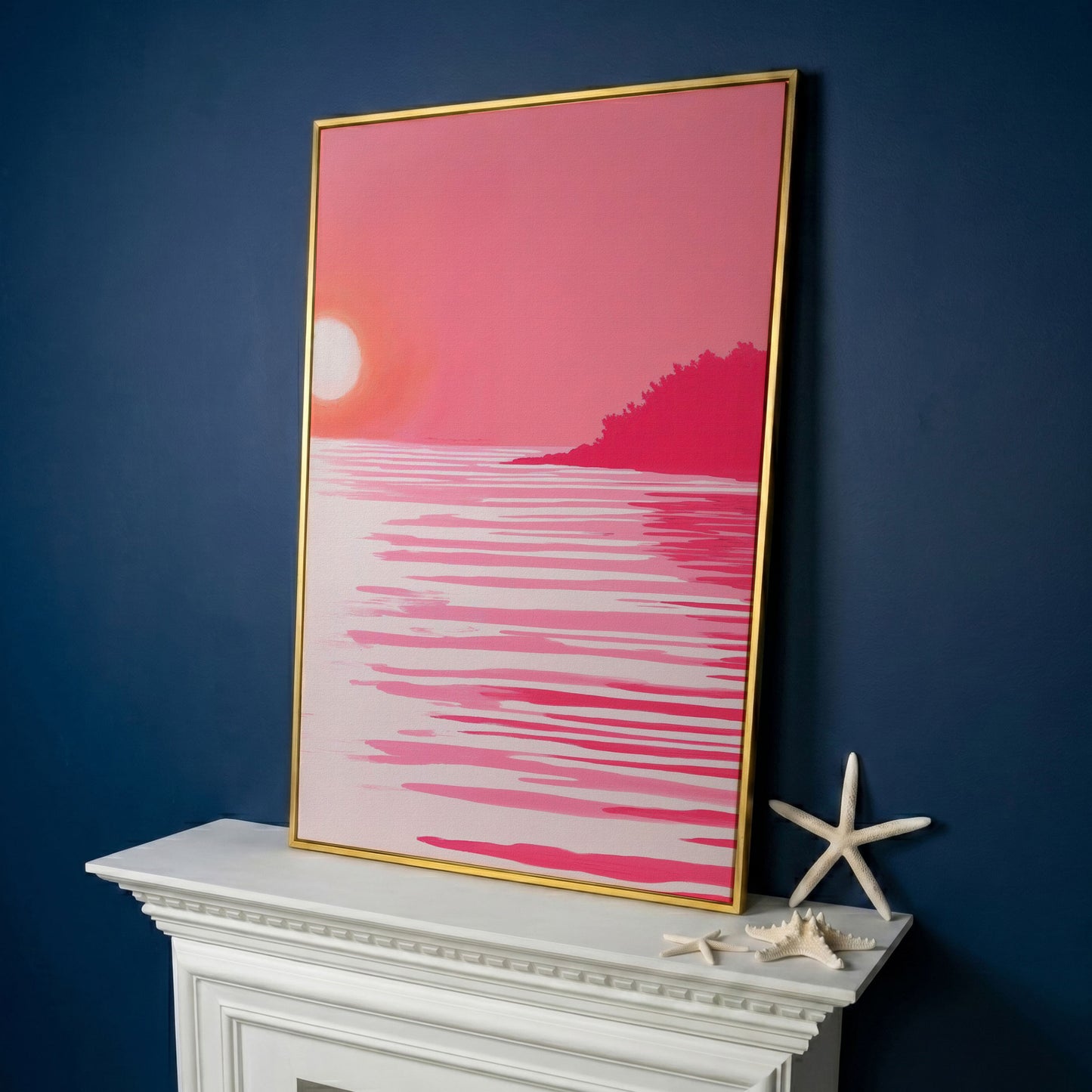 Pink Sunset Coastal Scene Canvas in yellow gold floating frame