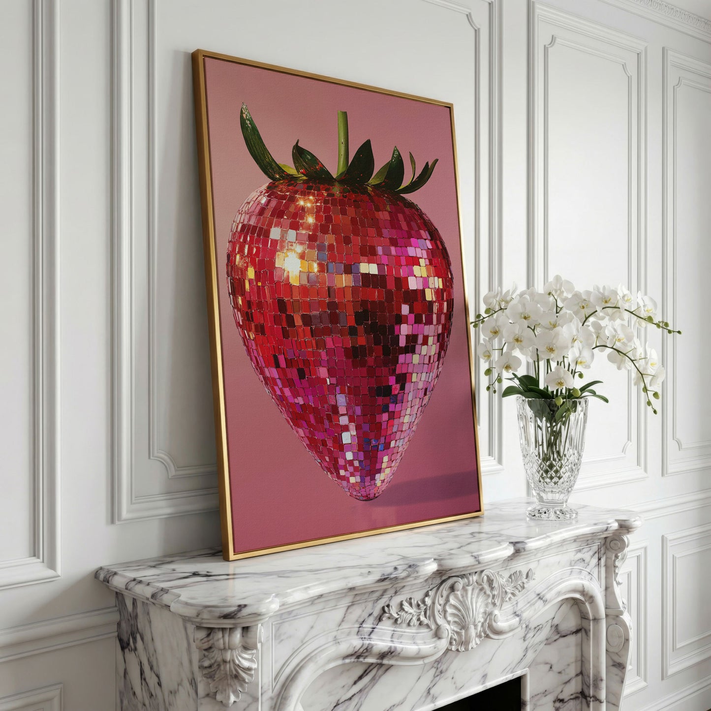Strawberry Disco Vibes Canvas Print in yellow gold floating frame