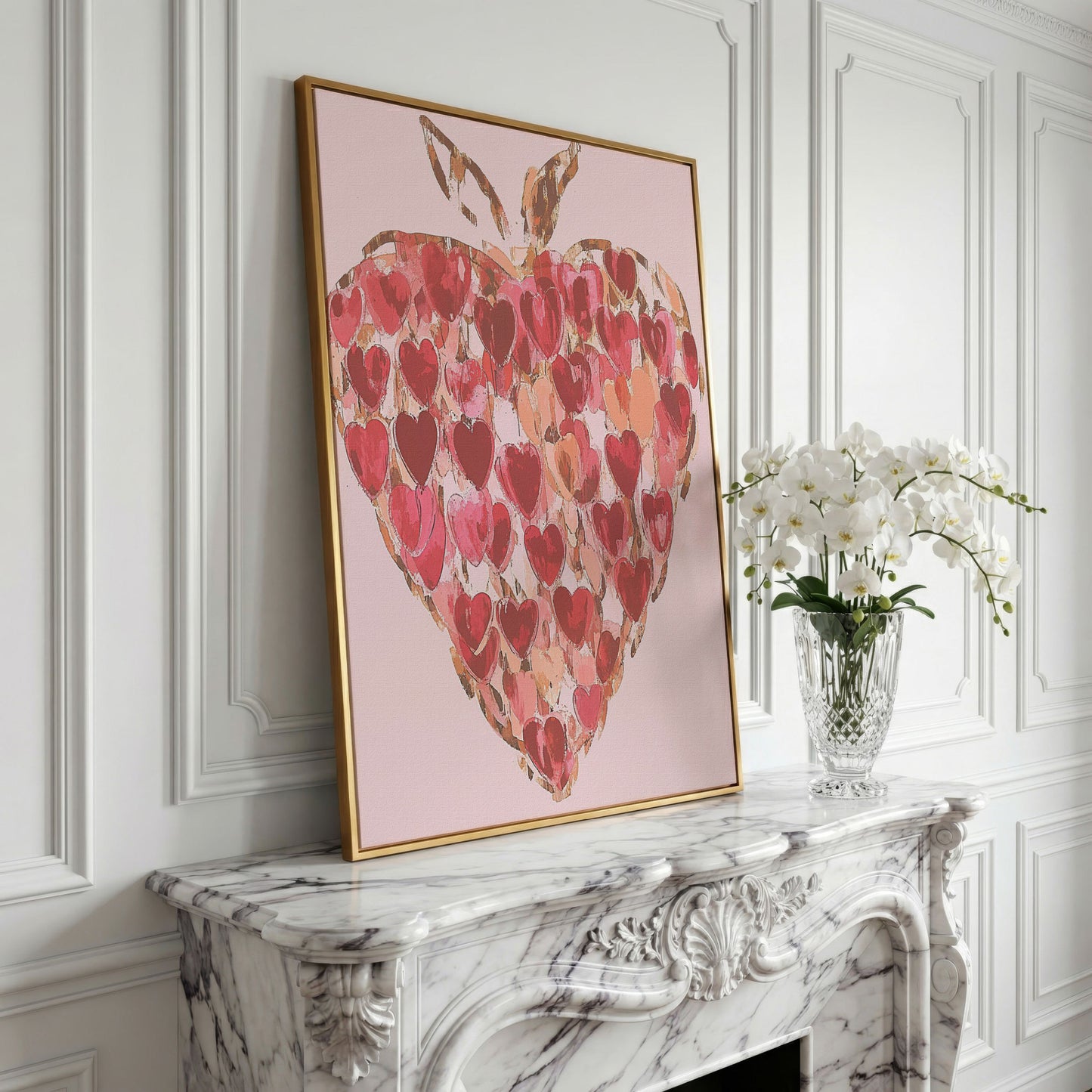 Strawberry Heart Abstract Canvas Print in yellow gold floating frame