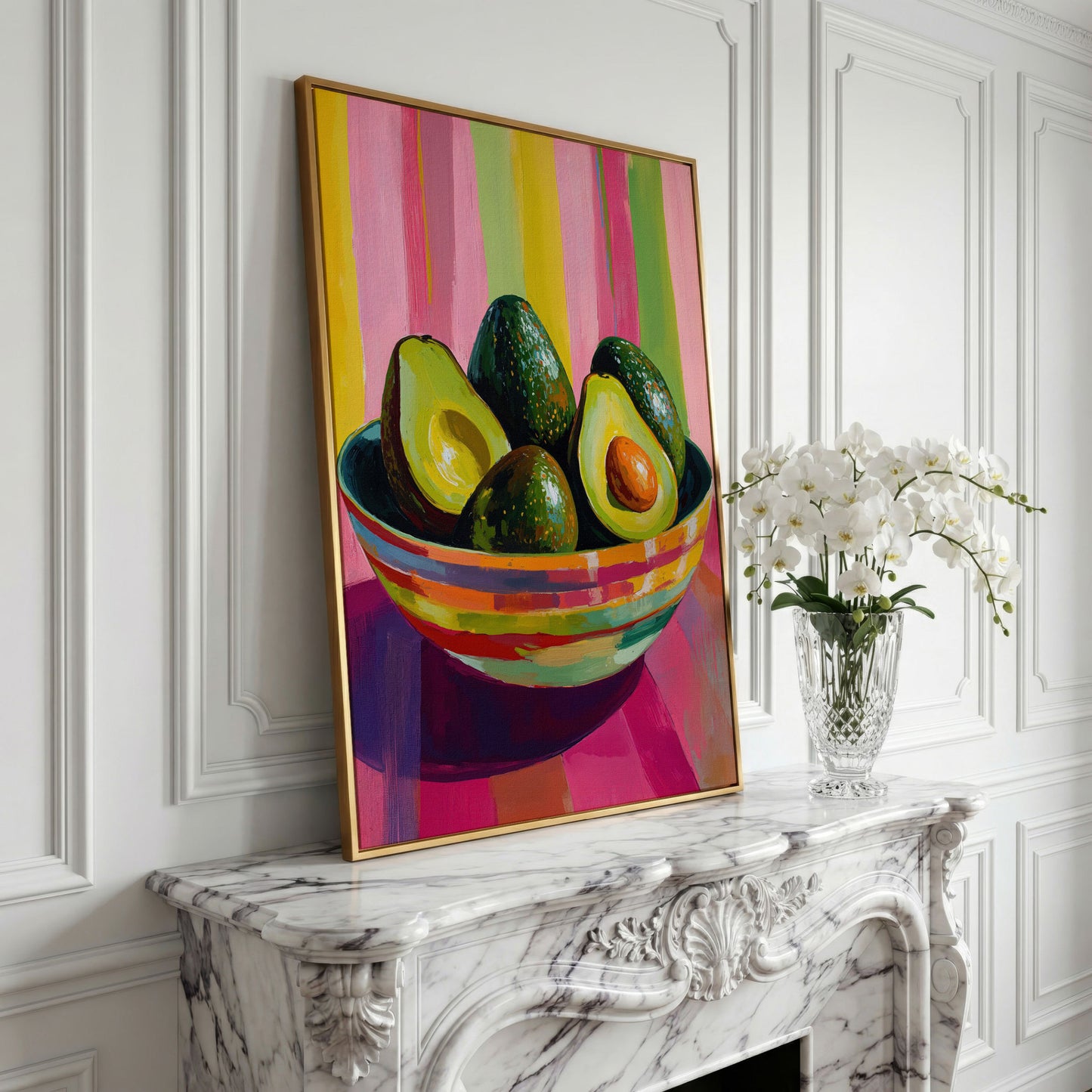 Avocado in a Striped Bowl Canvas Art in yellow gold floating frame