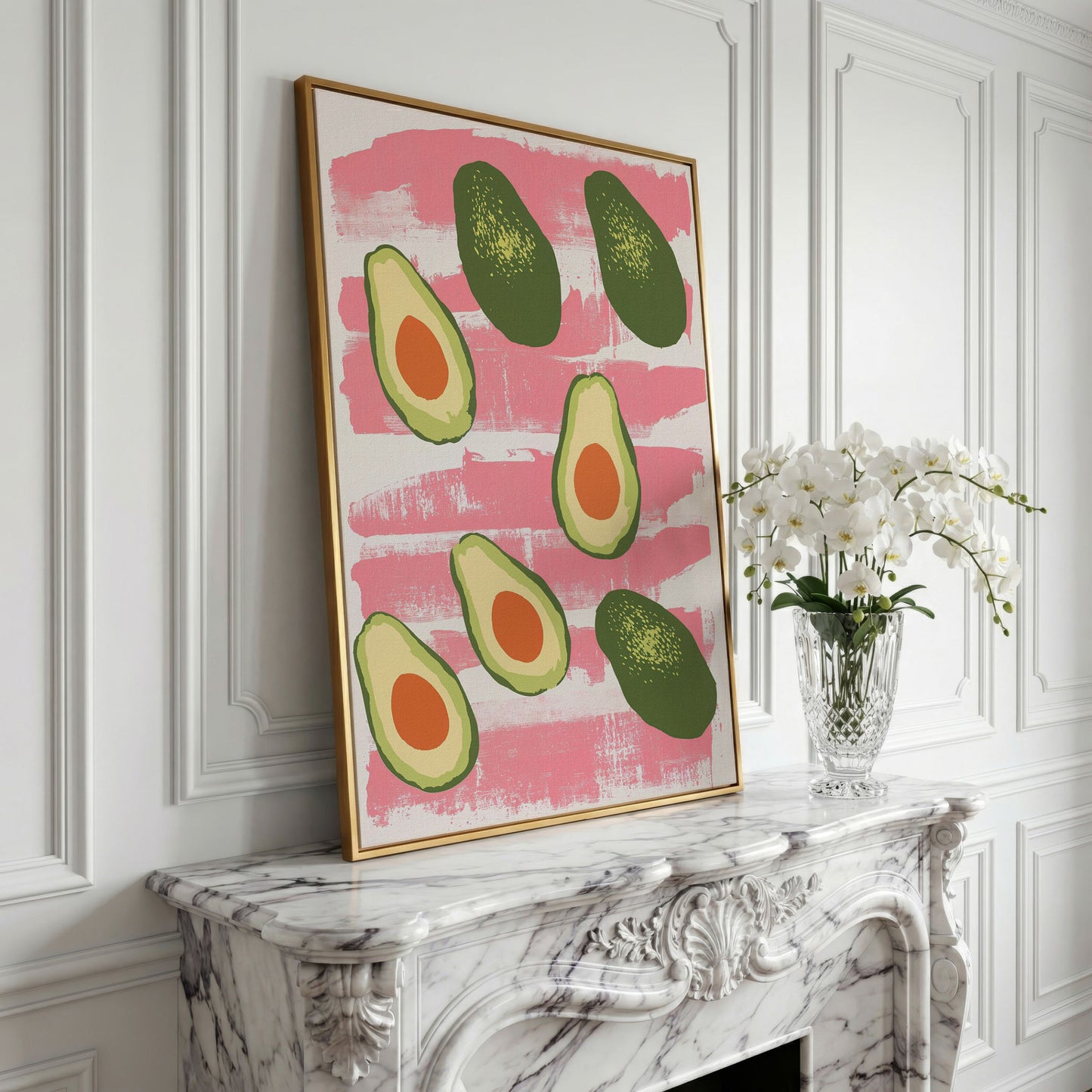 Scattered Avocados Canvas. Pink and Green Modern Print in yellow gold floating frame