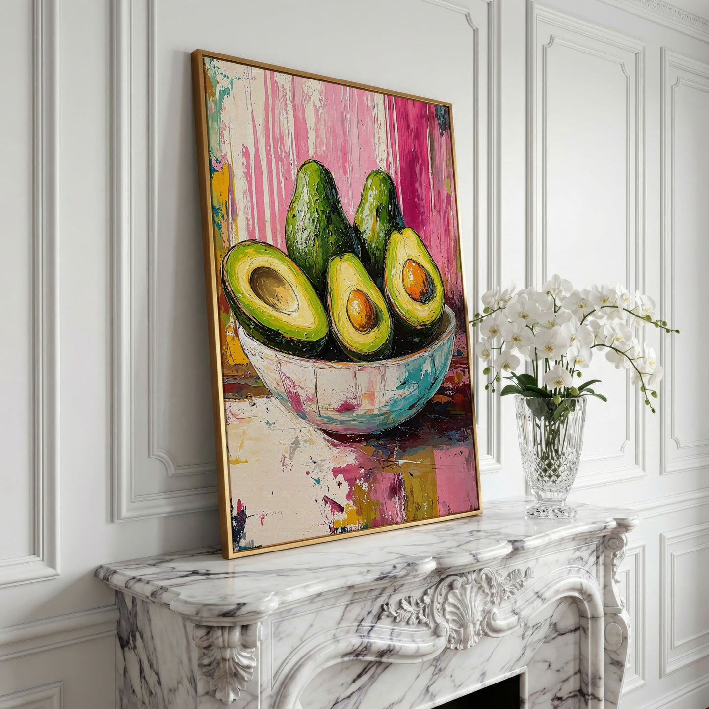 Avocado Bowl on Fuchsia Canvas Art in yellow gold floating frame