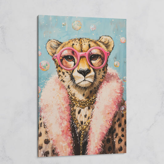 Cheetah with Pink Glasses Canvas Print on gallery wrap