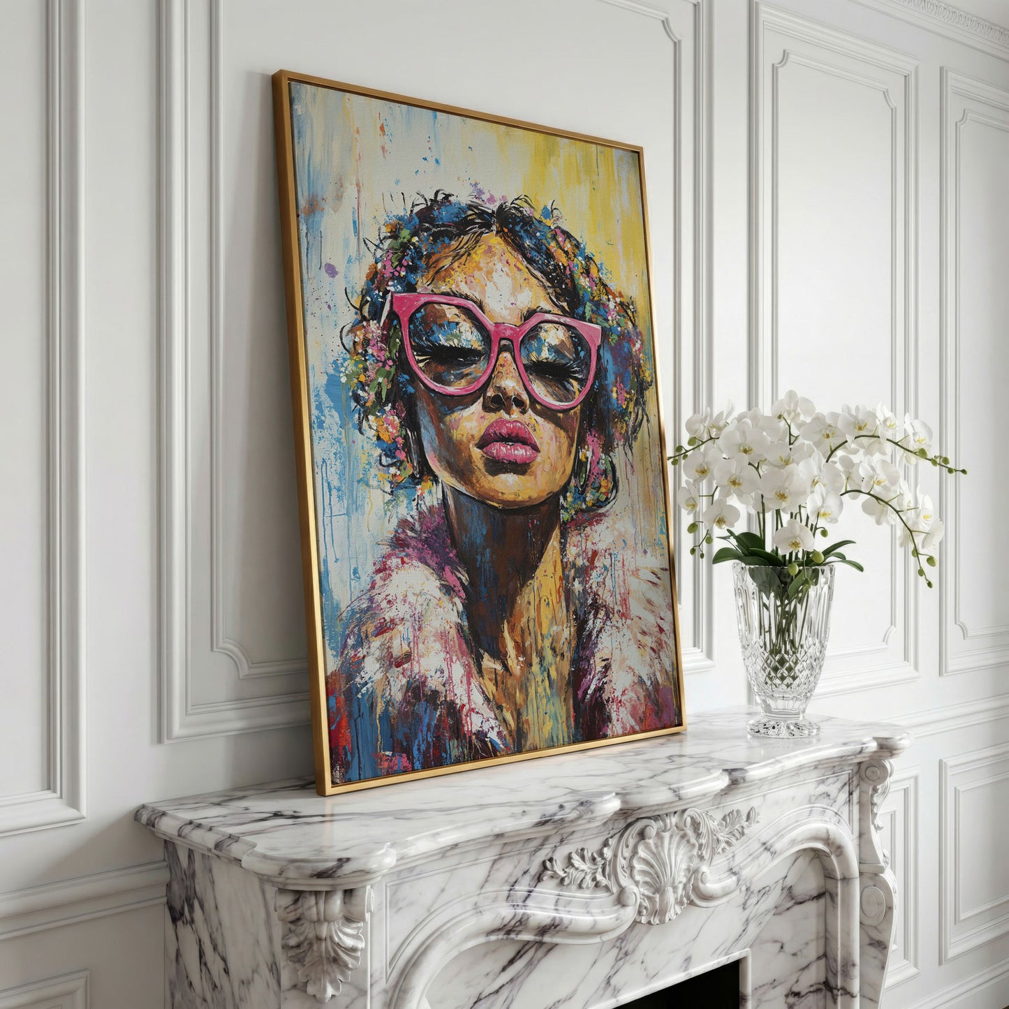 Fashionable Woman with Pink Glasses Canvas Print in yellow gold floating frame