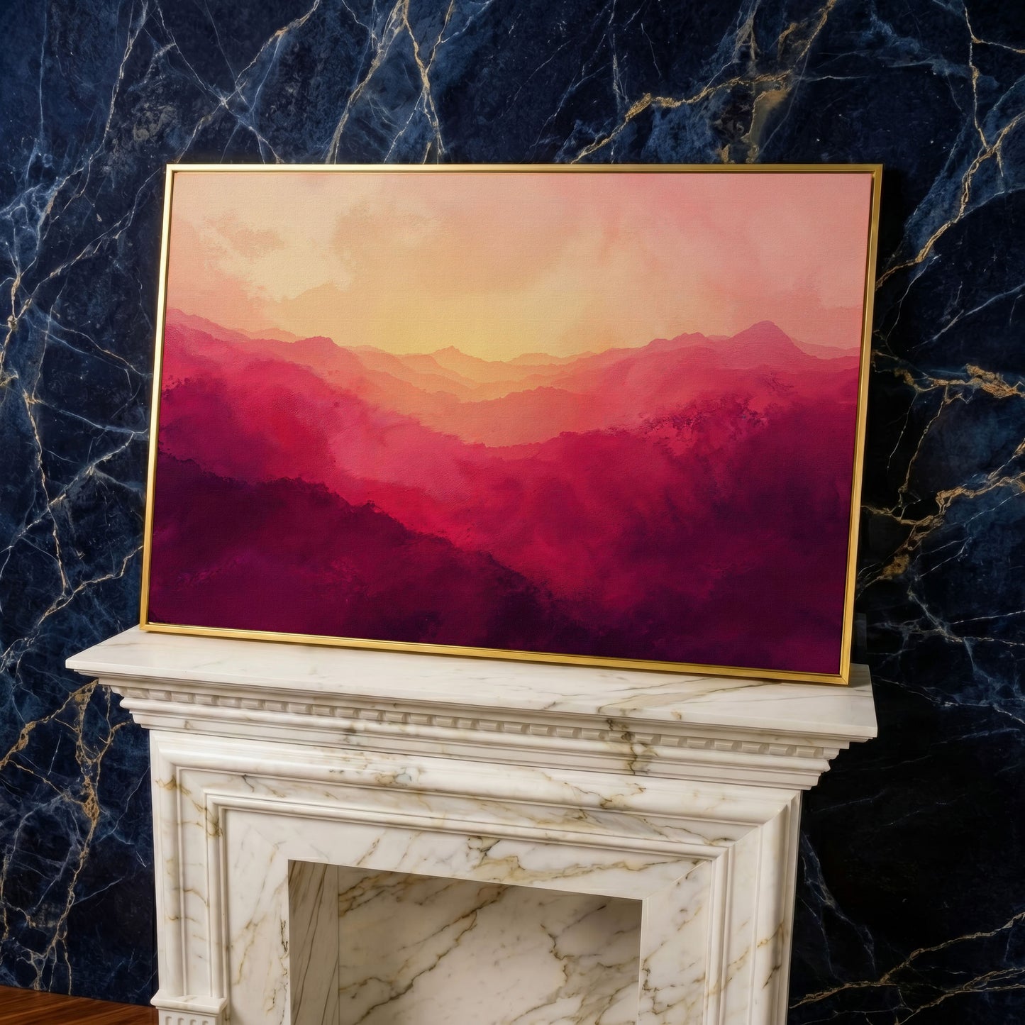 Pink Mountain Landscape Canvas Print with Hazy Horizon in yellow gold floating frame