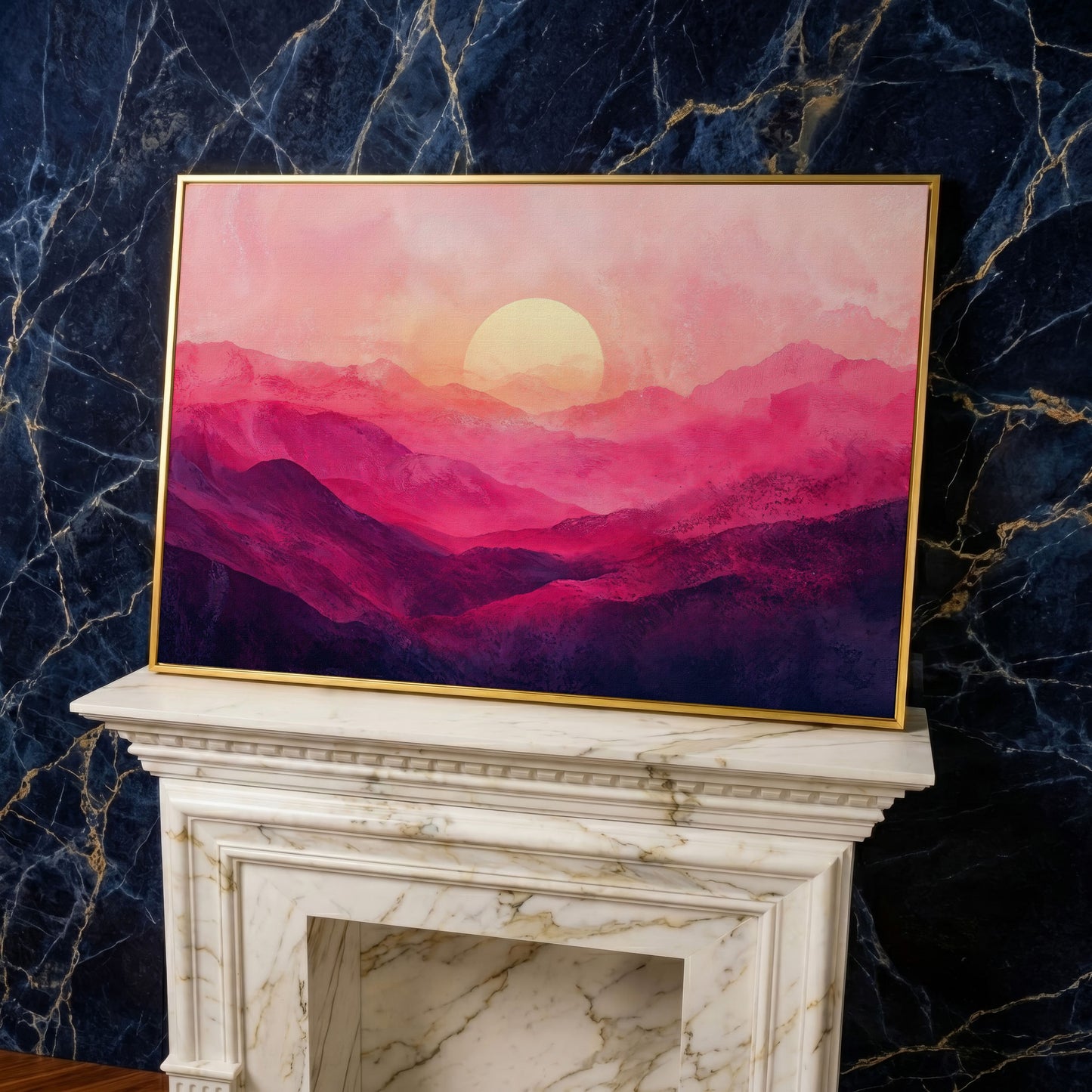 Pink Sunset Landscape Canvas in yellow gold floating frame