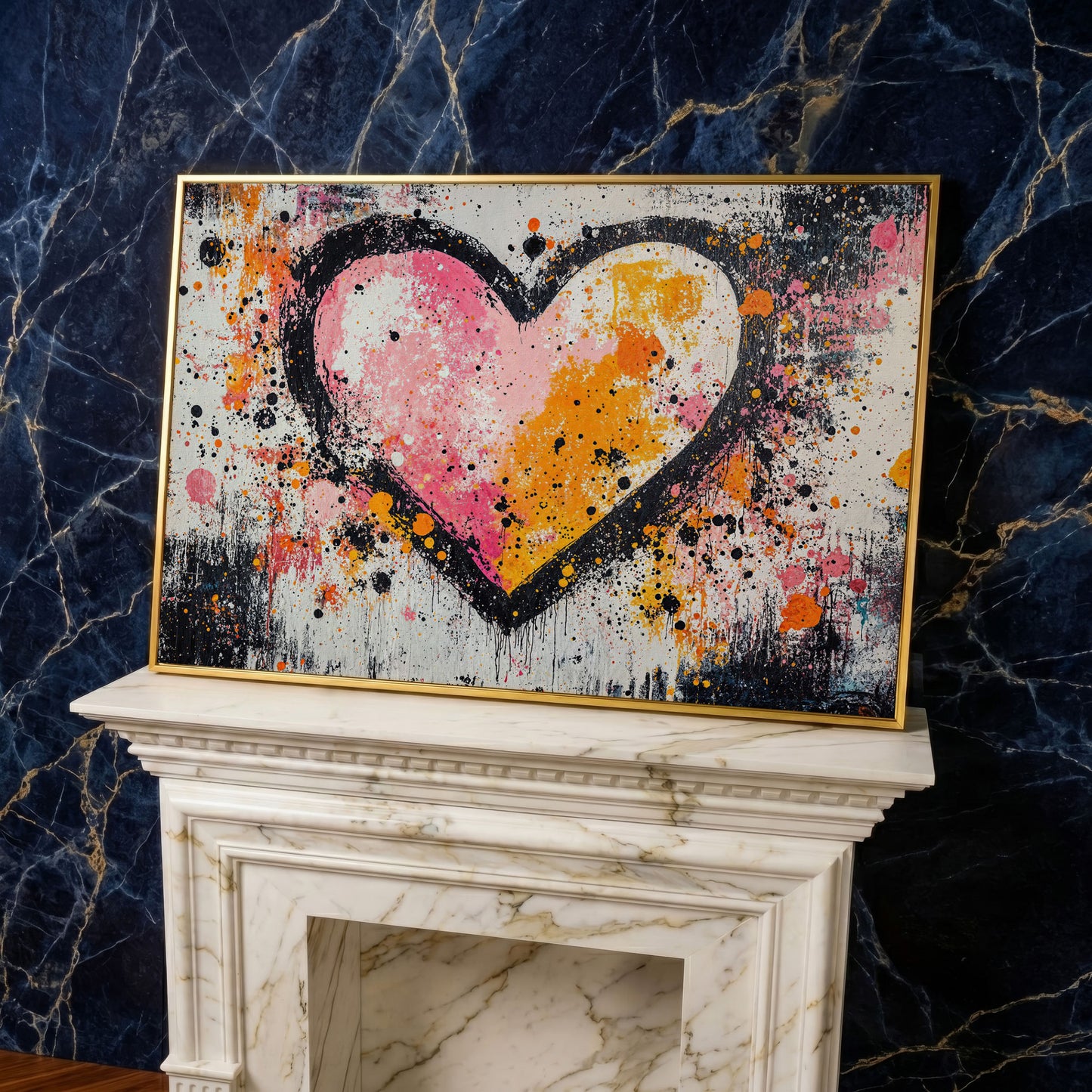 Pink & Orange Splatter Heart Canvas in yellow gold floating frame