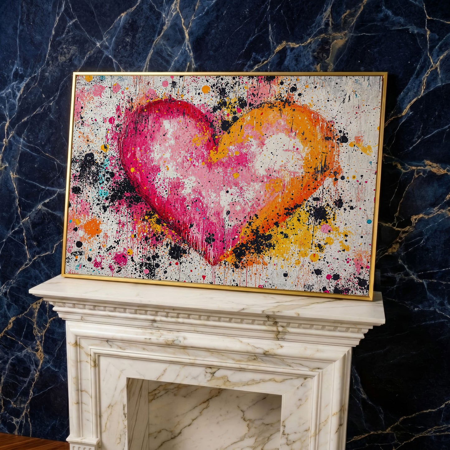 Vibrant Heart Splatter Canvas in yellow gold floating frame