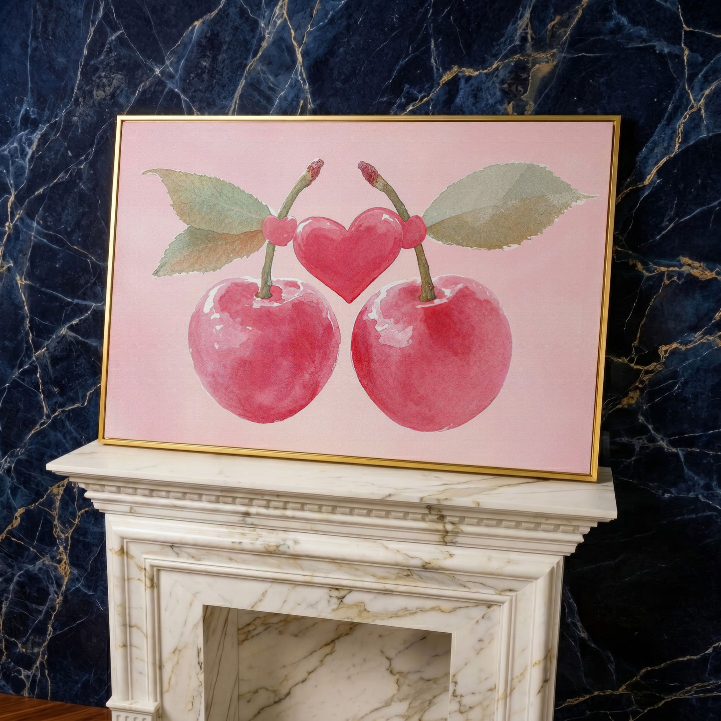 Cherry Heart Canvas Print in Watercolor Pink in yellow gold floating frame