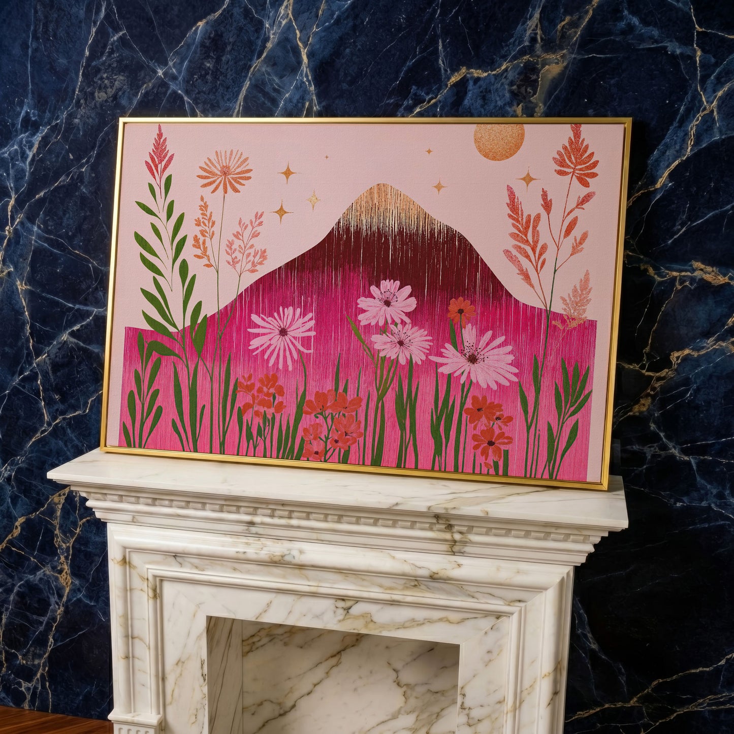 Pink Floral and Mountain Scene Canvas Print in yellow gold floating frame