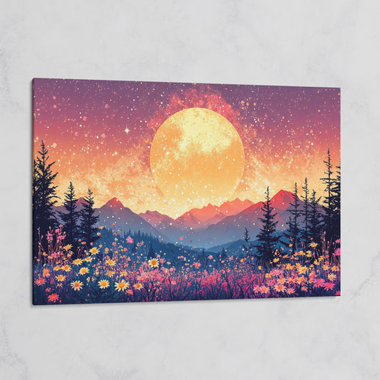 Moonlit Mountain with Pink Wildflowers Canvas on gallery wrap