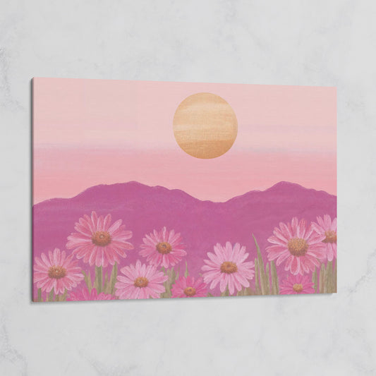 Pink Daisy Field at Sunset Canvas Art on gallery wrap