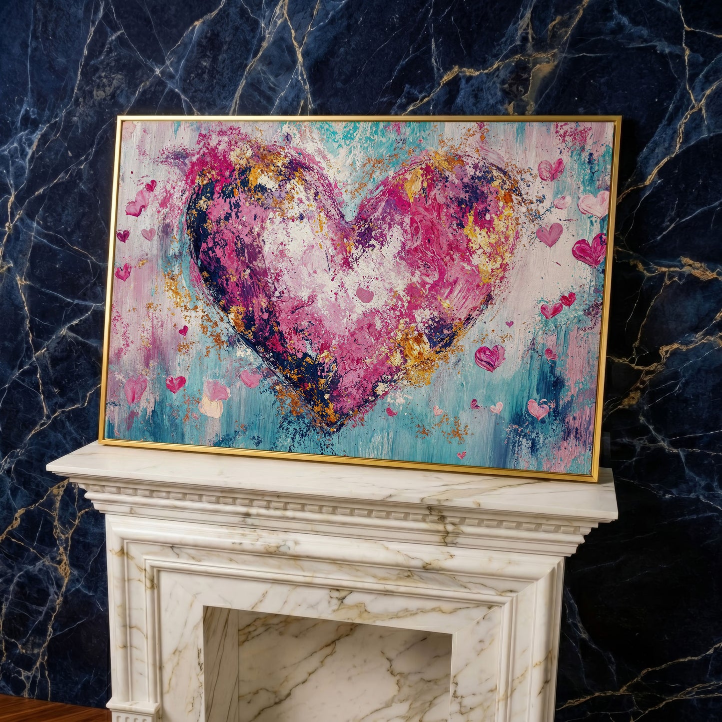 Pink Abstract Heart Canvas Print in yellow gold floating frame