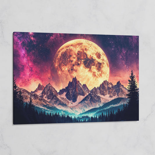 Giant Moon Over Snowy Forest and River, Surreal Night Sky Canvas Art on gallery wrap