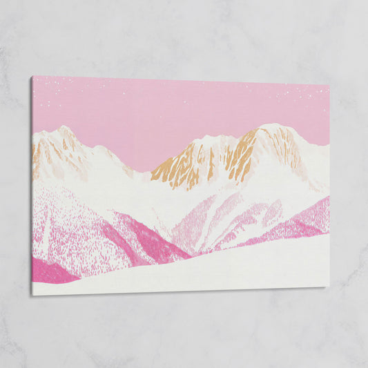 Snowy Mountain Landscape Canvas in Pink and Gold on gallery wrap