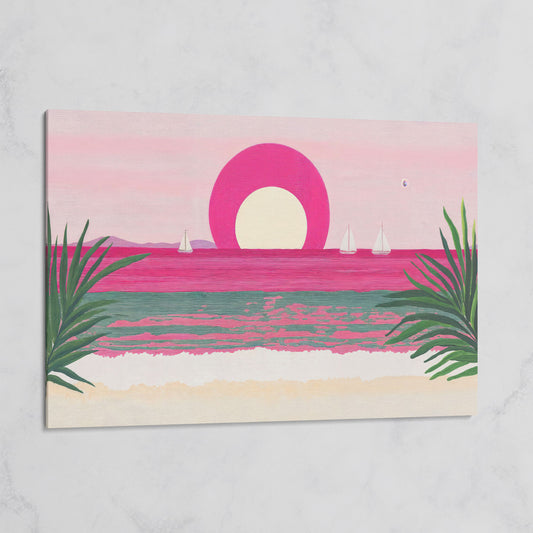 Pink Sunset Sailboat Canvas Print with Coastal Palm Framing on gallery wrap