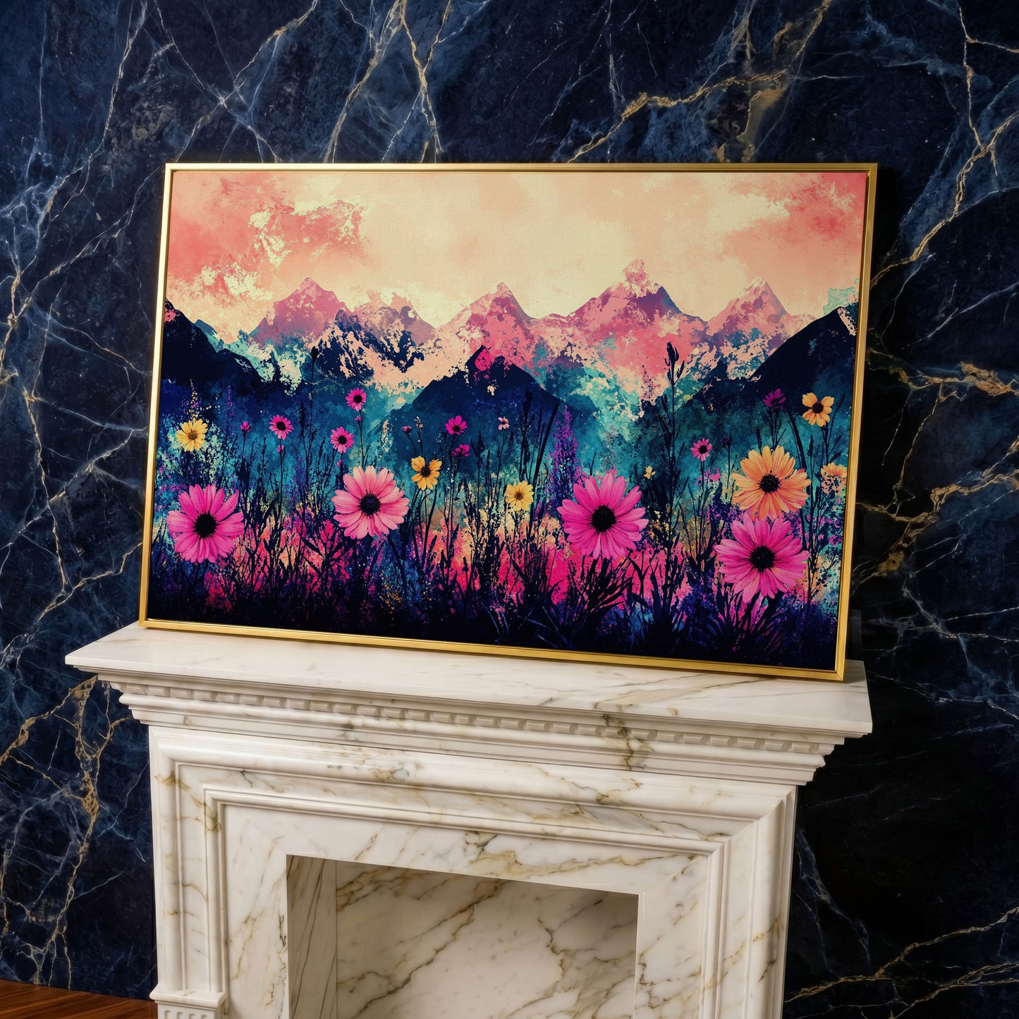Mountain Sunrise with Wildflowers, Abstract Landscape Canvas Art in yellow gold floating frame