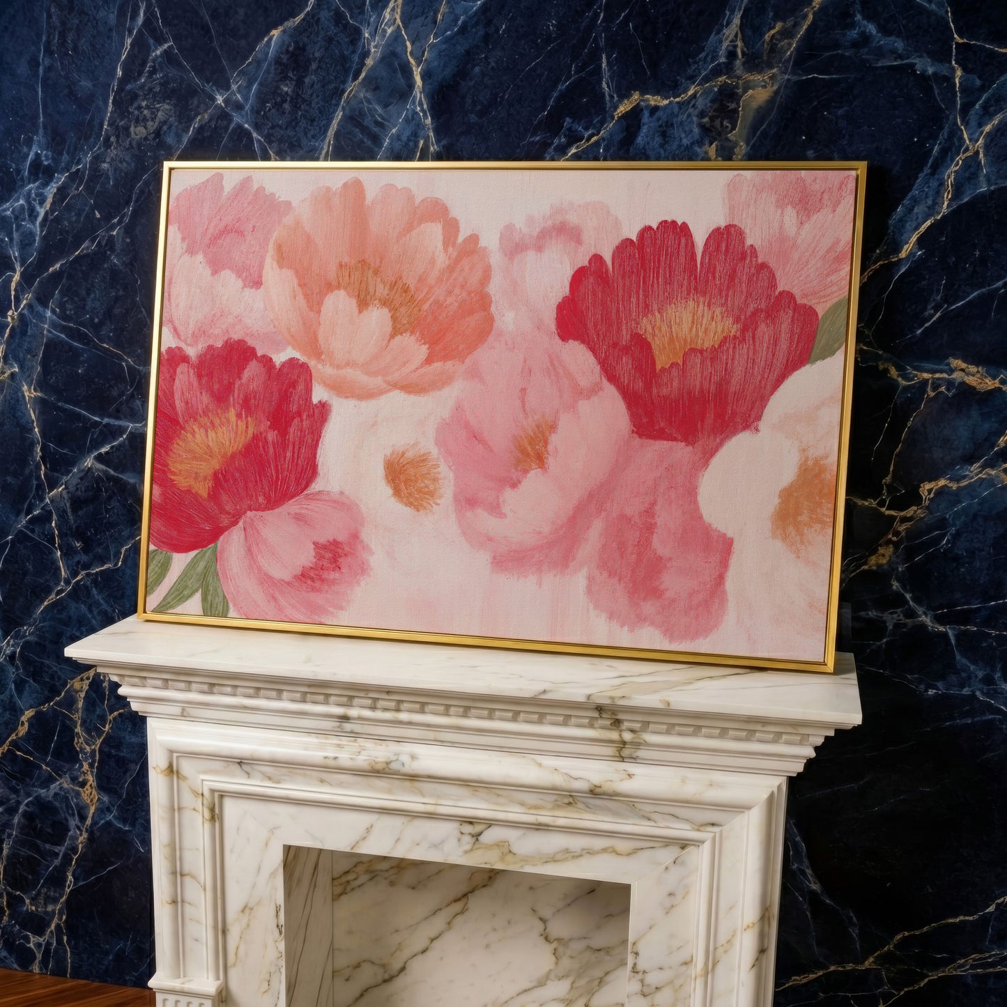 Vintage Pink Peonies Canvas Print, Floral Botanical Art in yellow gold floating frame