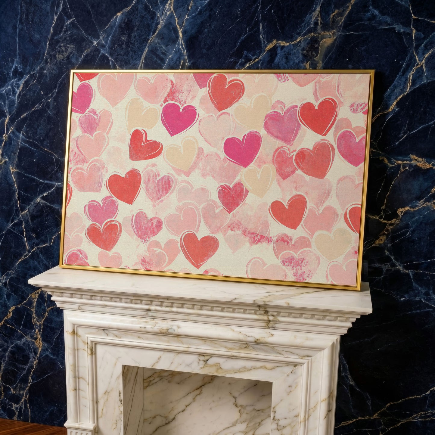Pink Hearts Canvas for Valentine's Day & Romantic Bedrooms in yellow gold floating frame