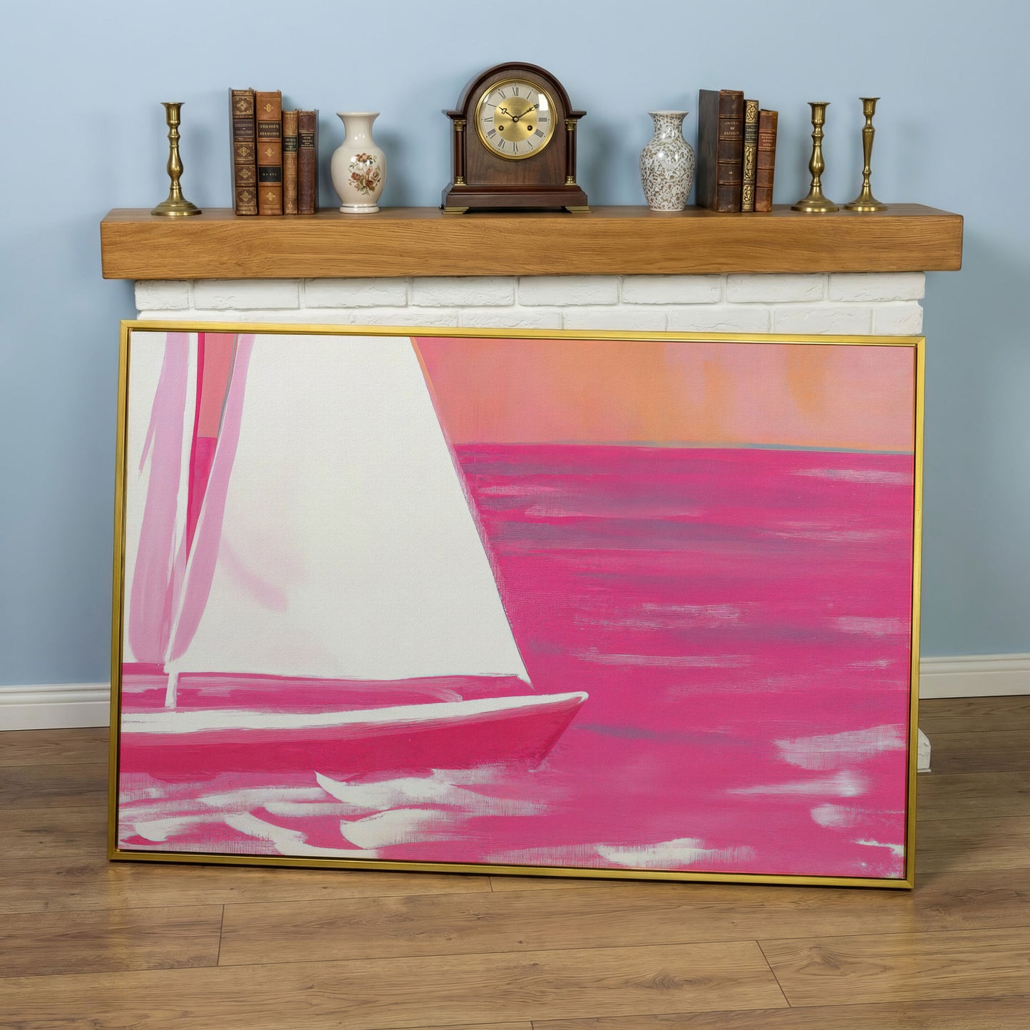 Pink Sailboat Canvas Print with Coastal Abstract Design in yellow gold floating frame