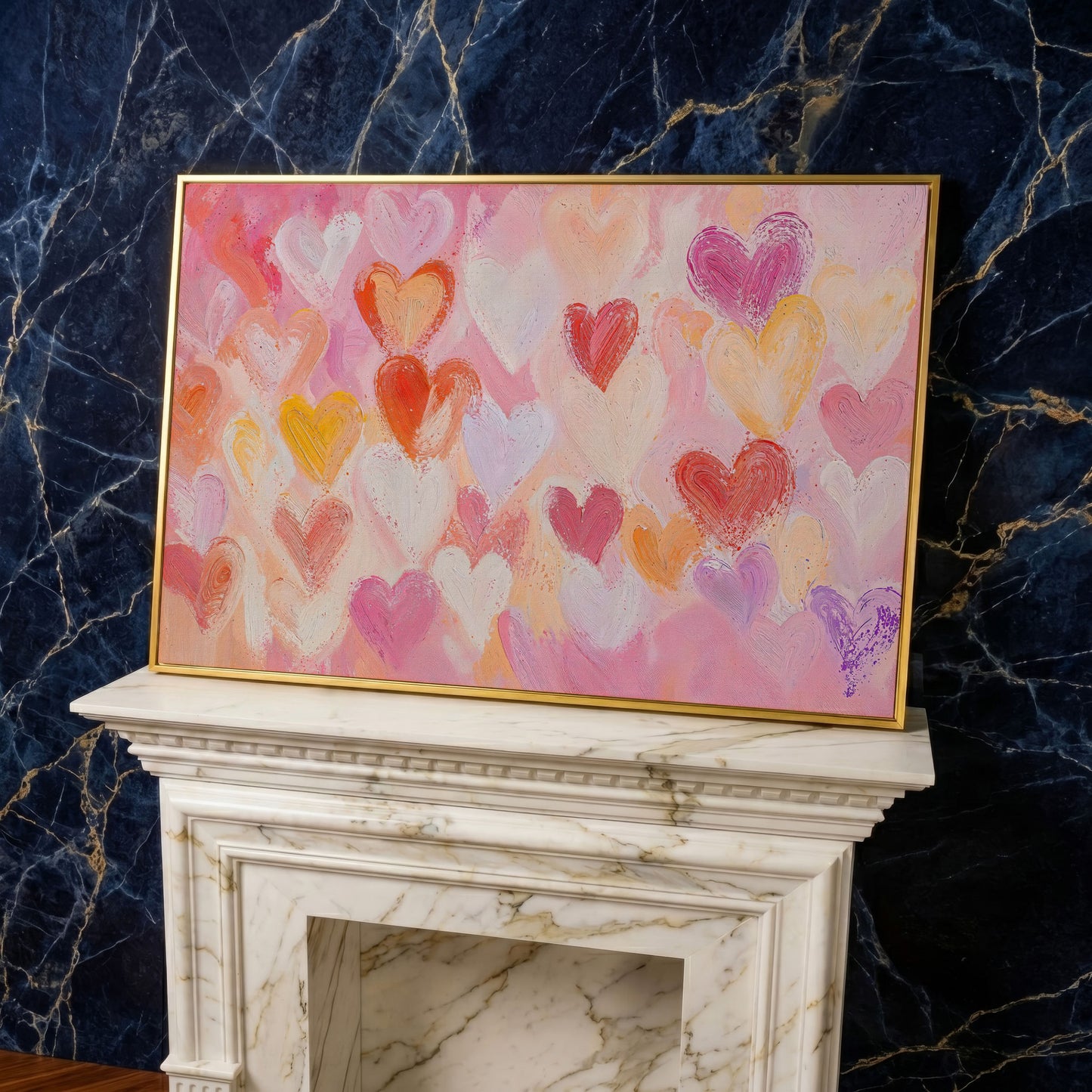 Colorful Hearts Canvas Print for Valentine Decor in yellow gold floating frame