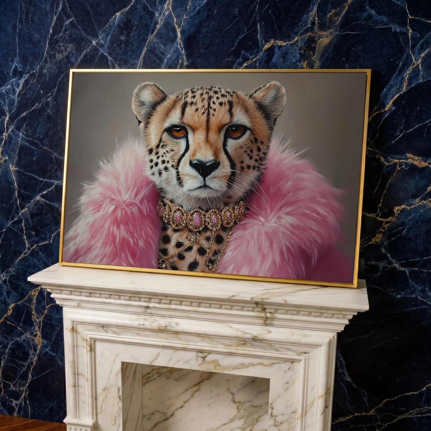 Fashionable Cheetah in Pink Faux Fur Canvas in yellow gold floating frame