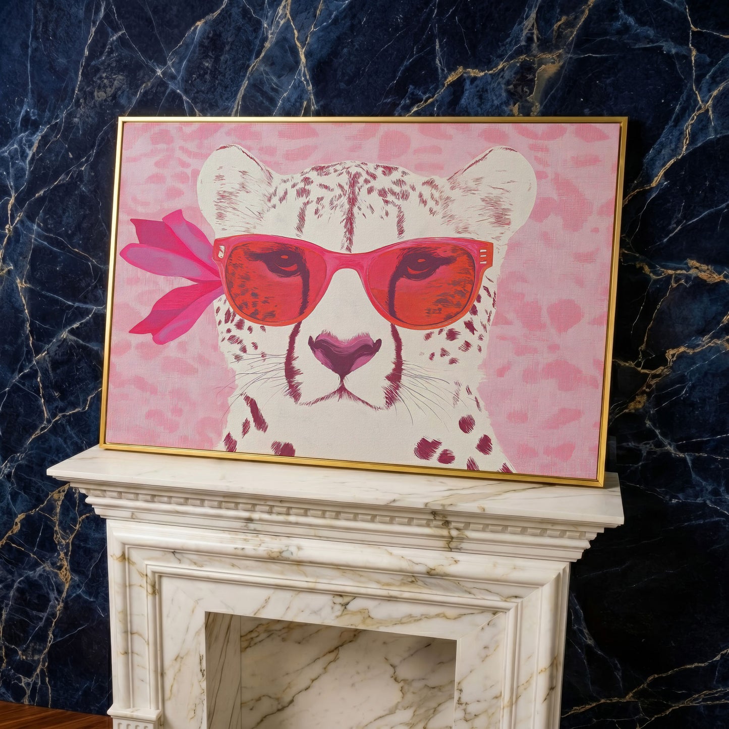 Cheetah in Sunglasses Canvas in yellow gold floating frame