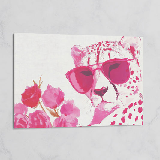 Pink Cheetah with Blooms Canvas on gallery wrap