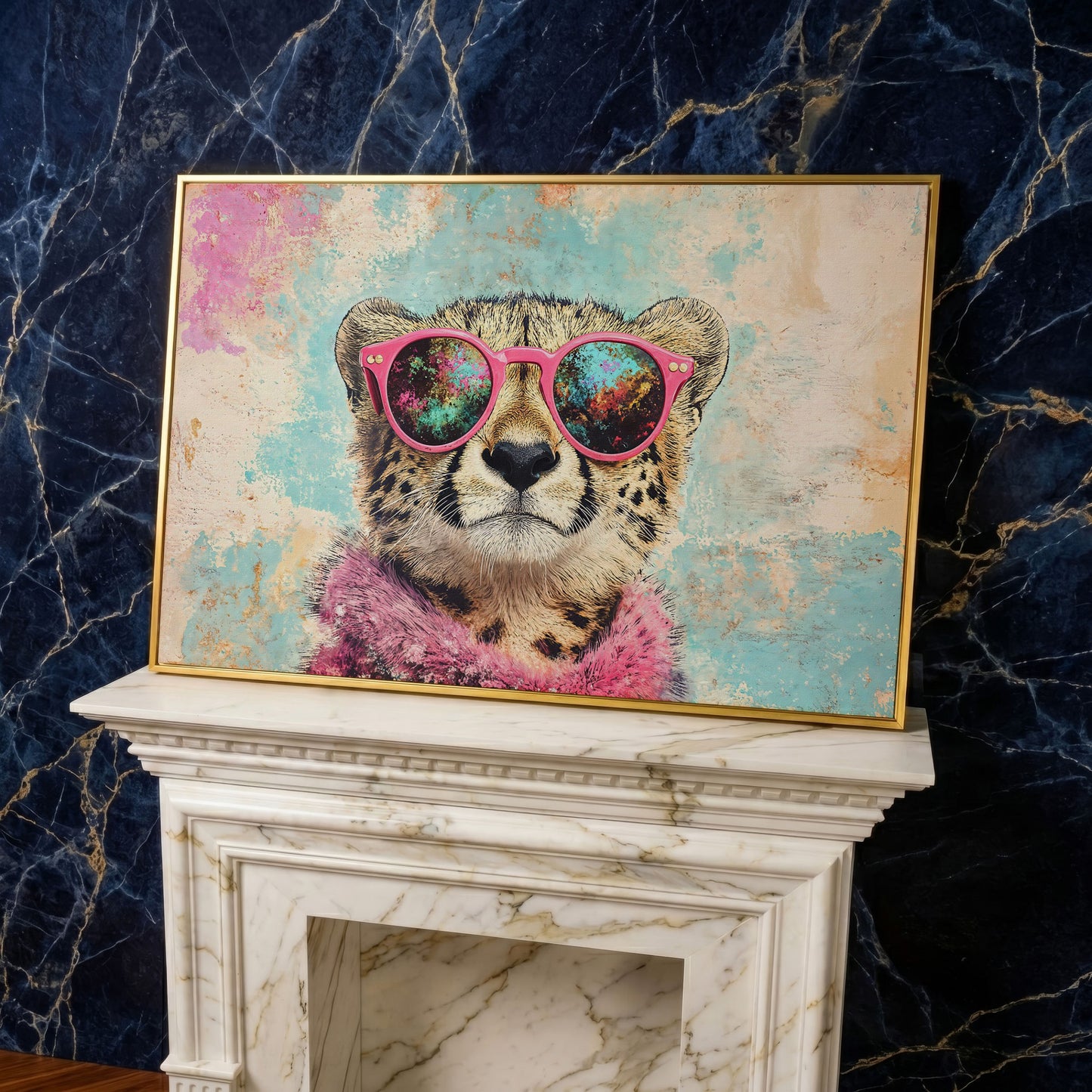 Cool Cheetah with Pink Boa Canvas Wall Art in yellow gold floating frame