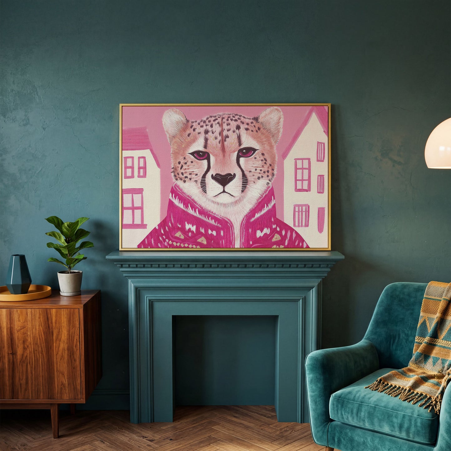 Chic Cheetah in Pink Canvas Print in yellow gold floating frame