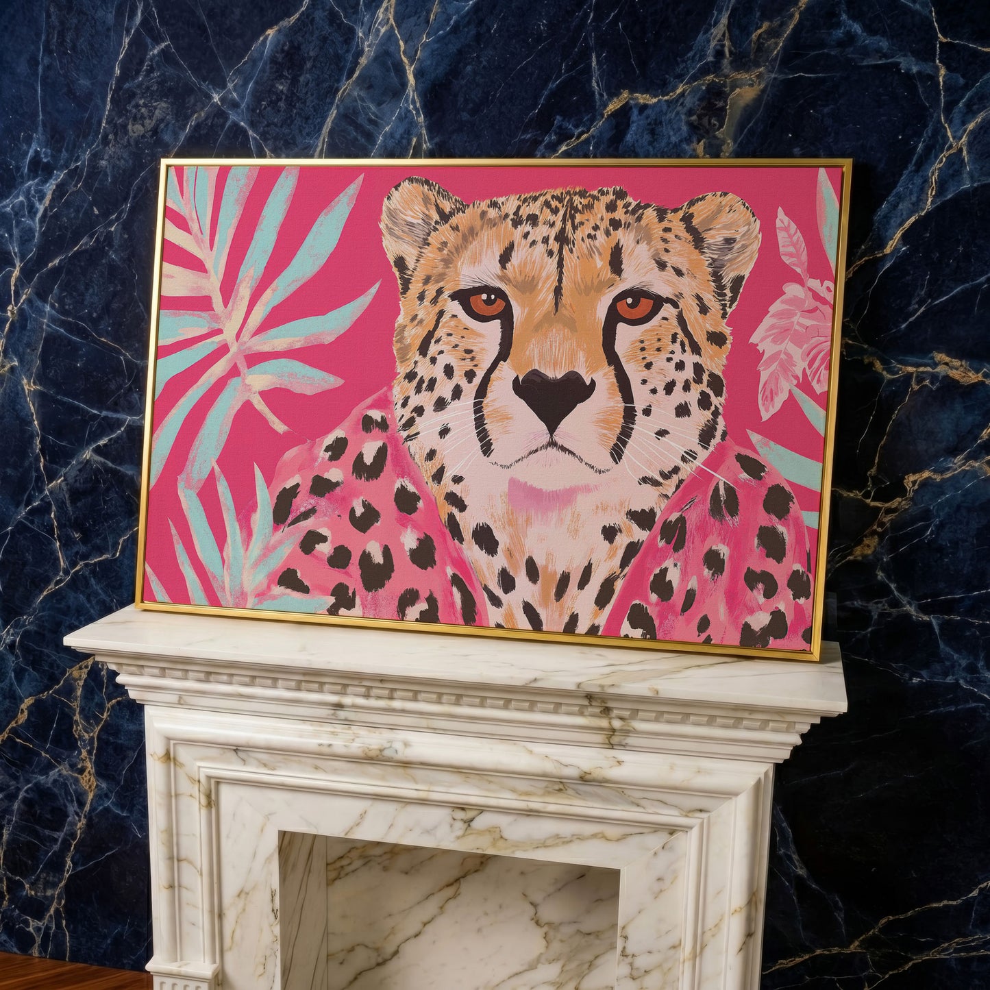 Pink Cheetah with Tropical Leaves Canvas Print in yellow gold floating frame