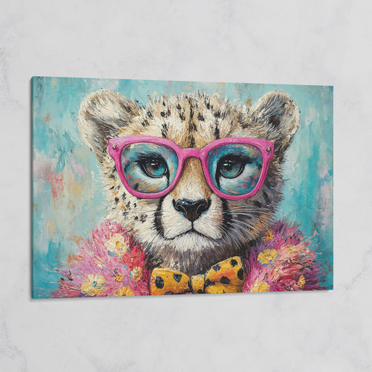 Stylish Cheetah in Pink Glasses Canvas on gallery wrap