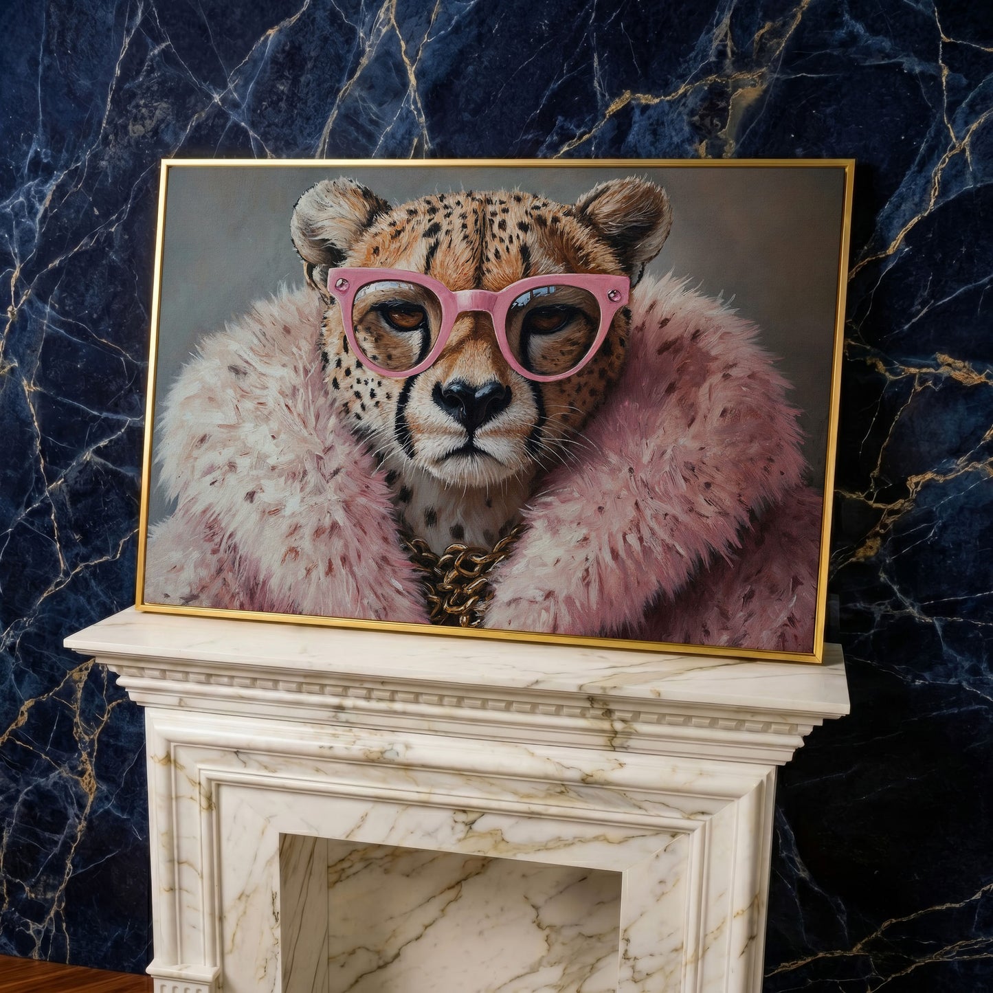 Quirky Cheetah with Pink Glasses Canvas Art in yellow gold floating frame