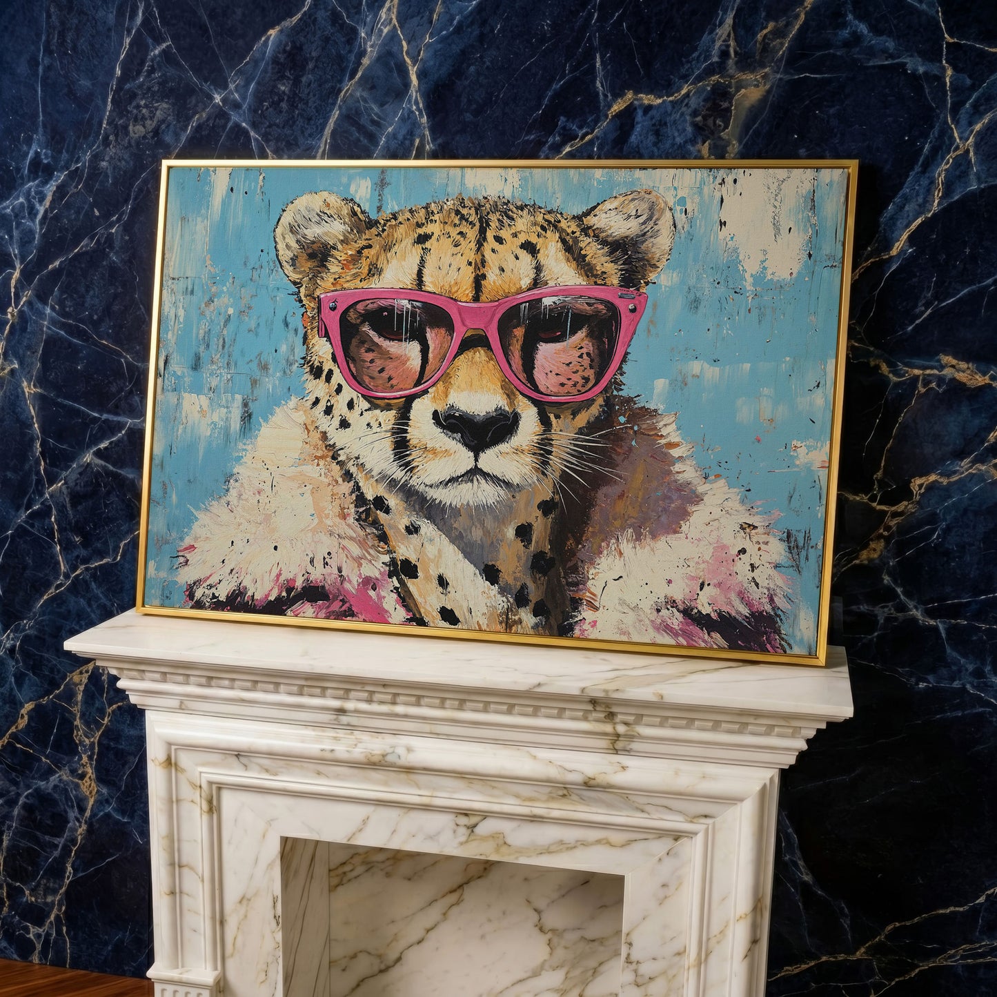 Cheetah with Pink Sunglasses Canvas Wall Art in yellow gold floating frame