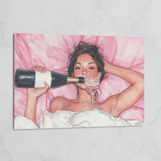 Woman with Wine Glass in Pink Watercolor on gallery wrap canvas