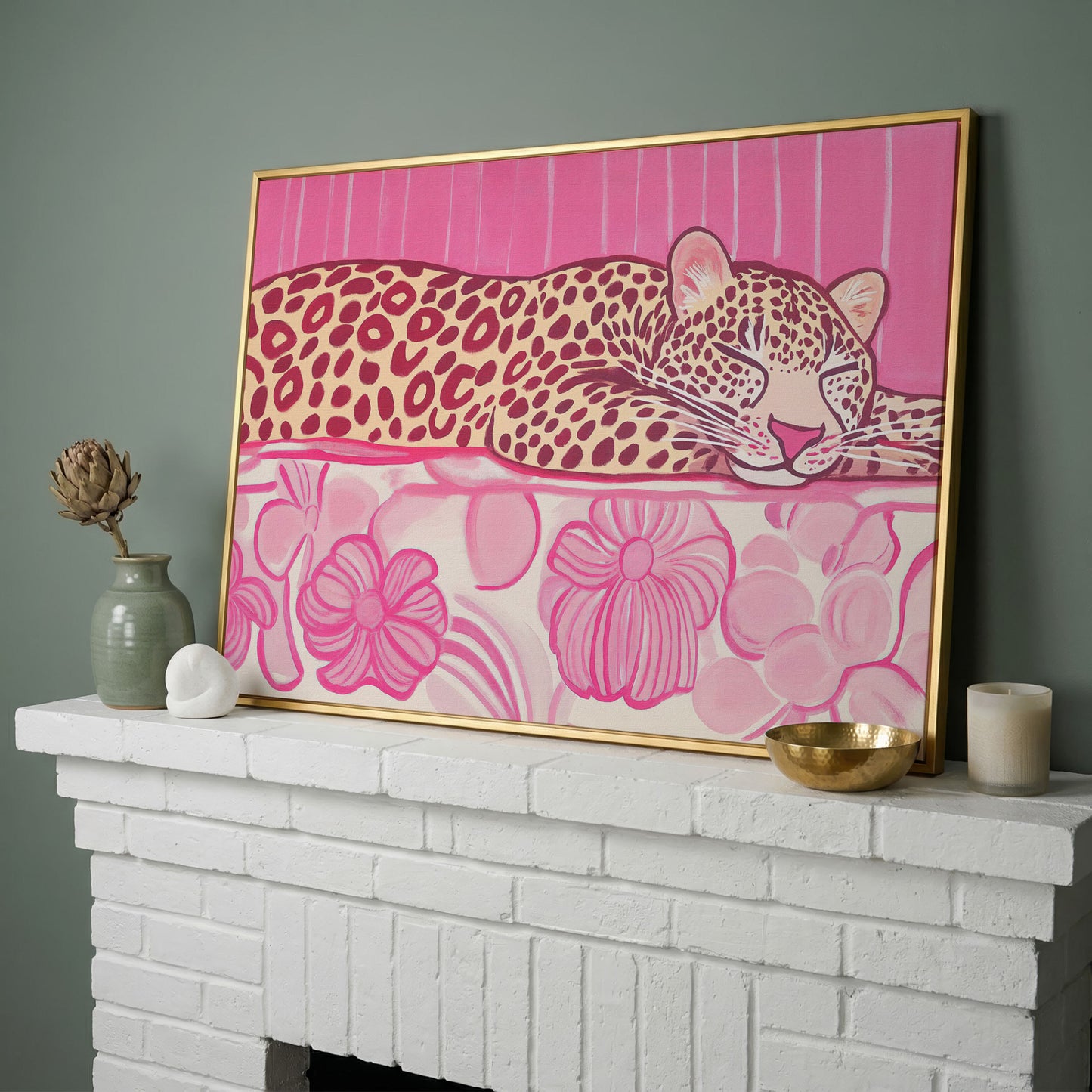 Sleeping Leopard with Pink Florals Canvas Art in yellow gold floating frame
