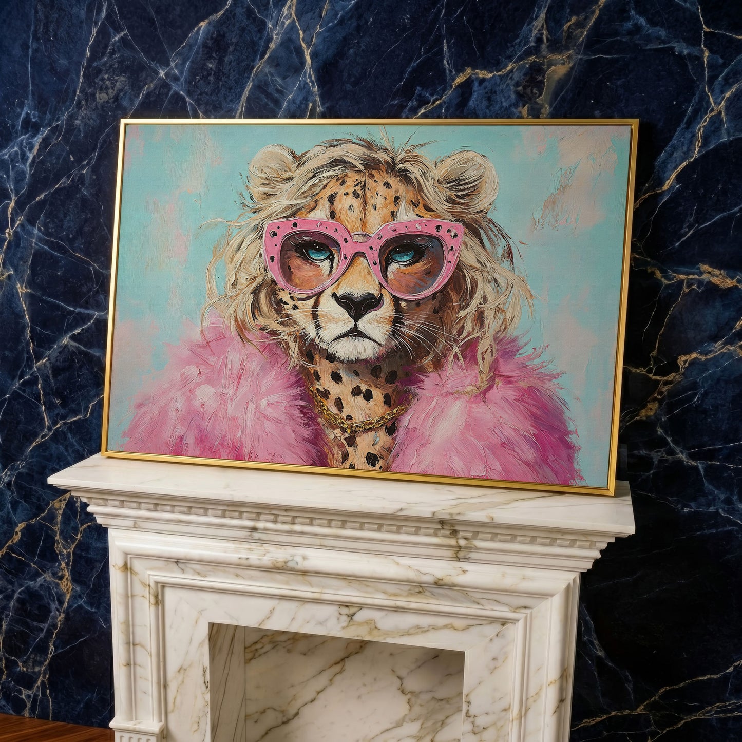 Leopard in Pink Sunglasses Canvas in yellow gold floating frame