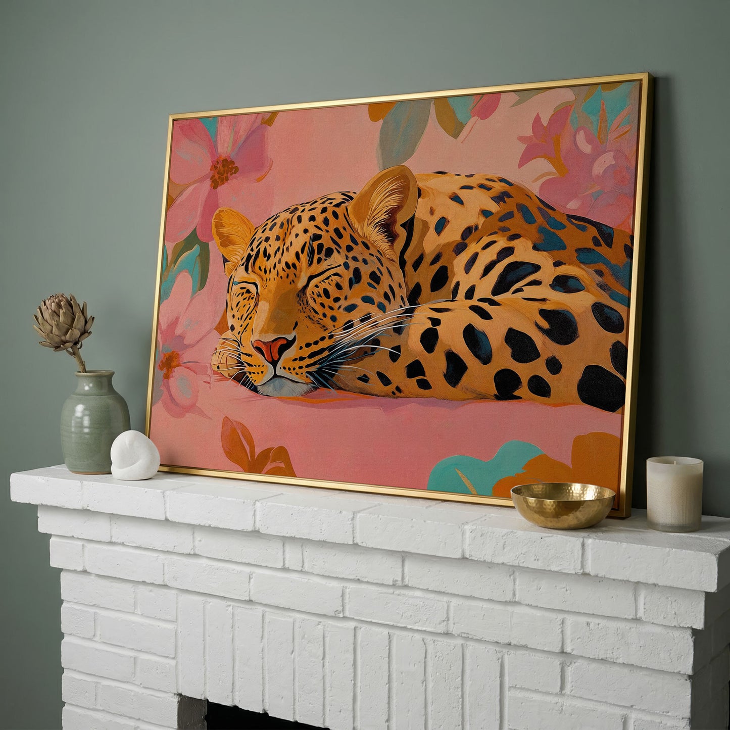 Leopard in Dusty Rose Florals Canvas Art in yellow gold floating frame