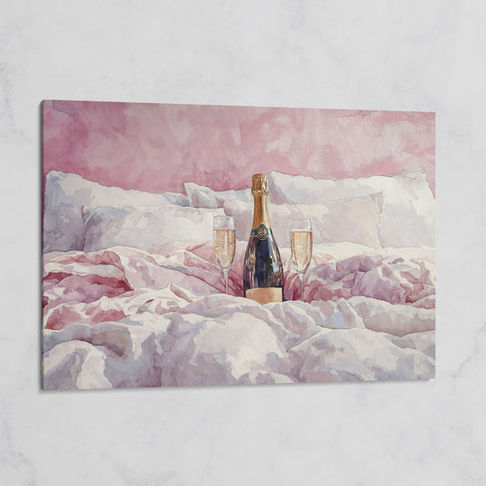 Champagne and Pink Bedding Still Life Canvas on gallery wrap