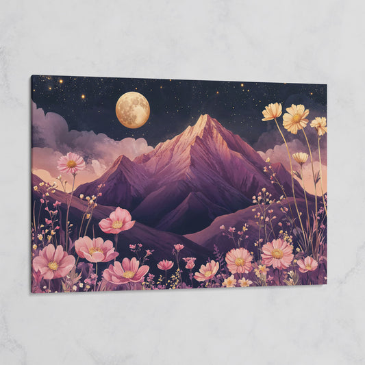 Mystical Pink Mountain Landscape with Wildflowers Canvas on gallery wrap