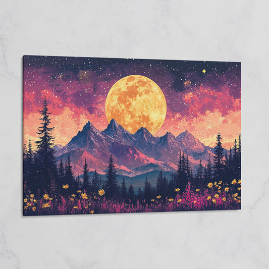 Pink Starry Moonlit Mountain Landscape Canvas on gallery wrap