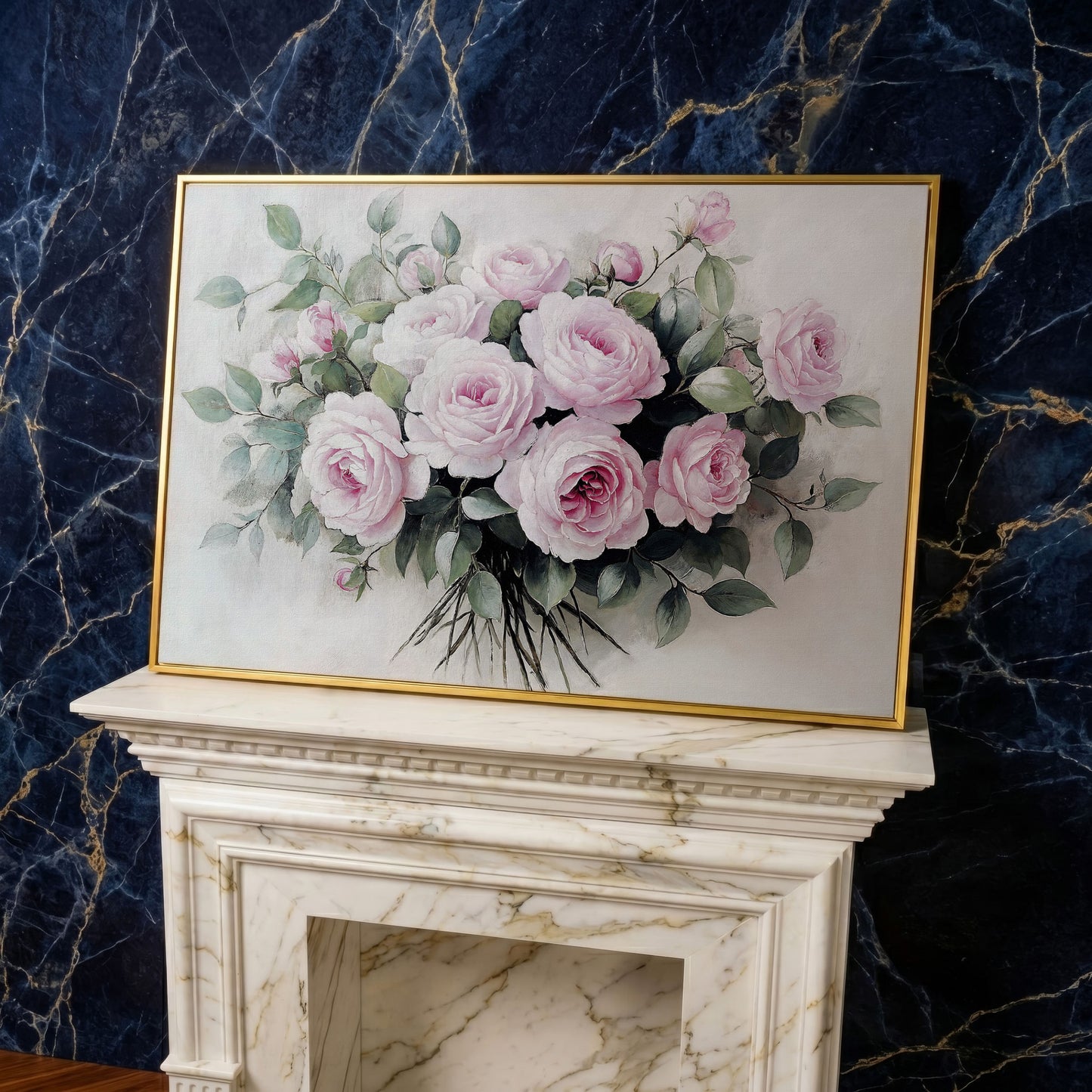Pink Roses in Bloom Canvas Print in yellow gold floating frame