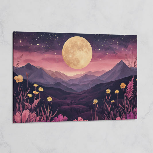 Dreamy Pink Moonlit Mountains Canvas Print on gallery wrap