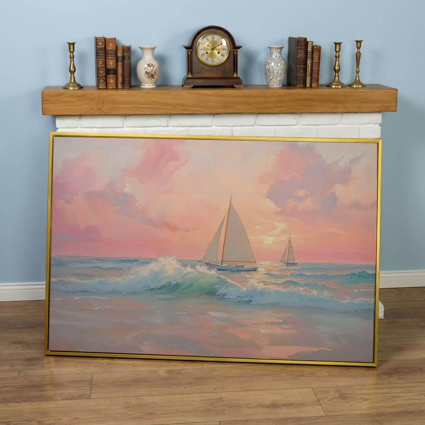 Sailboat at Sunrise Canvas in yellow gold floating frame
