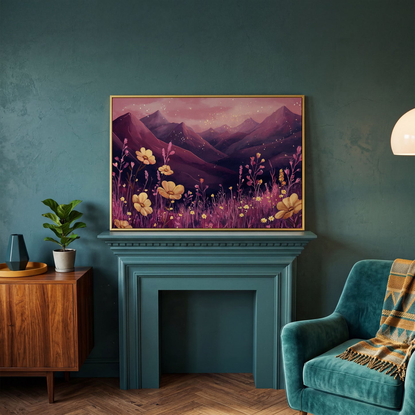 Pink Watercolor Mountains and Wildflowers Canvas in yellow gold floating frame