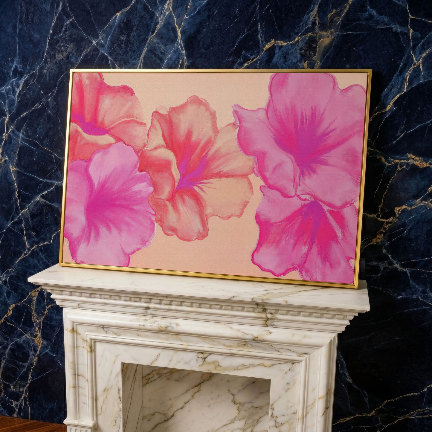 Pink Floral Canvas Print with Abstract Hibiscus in yellow gold floating frame