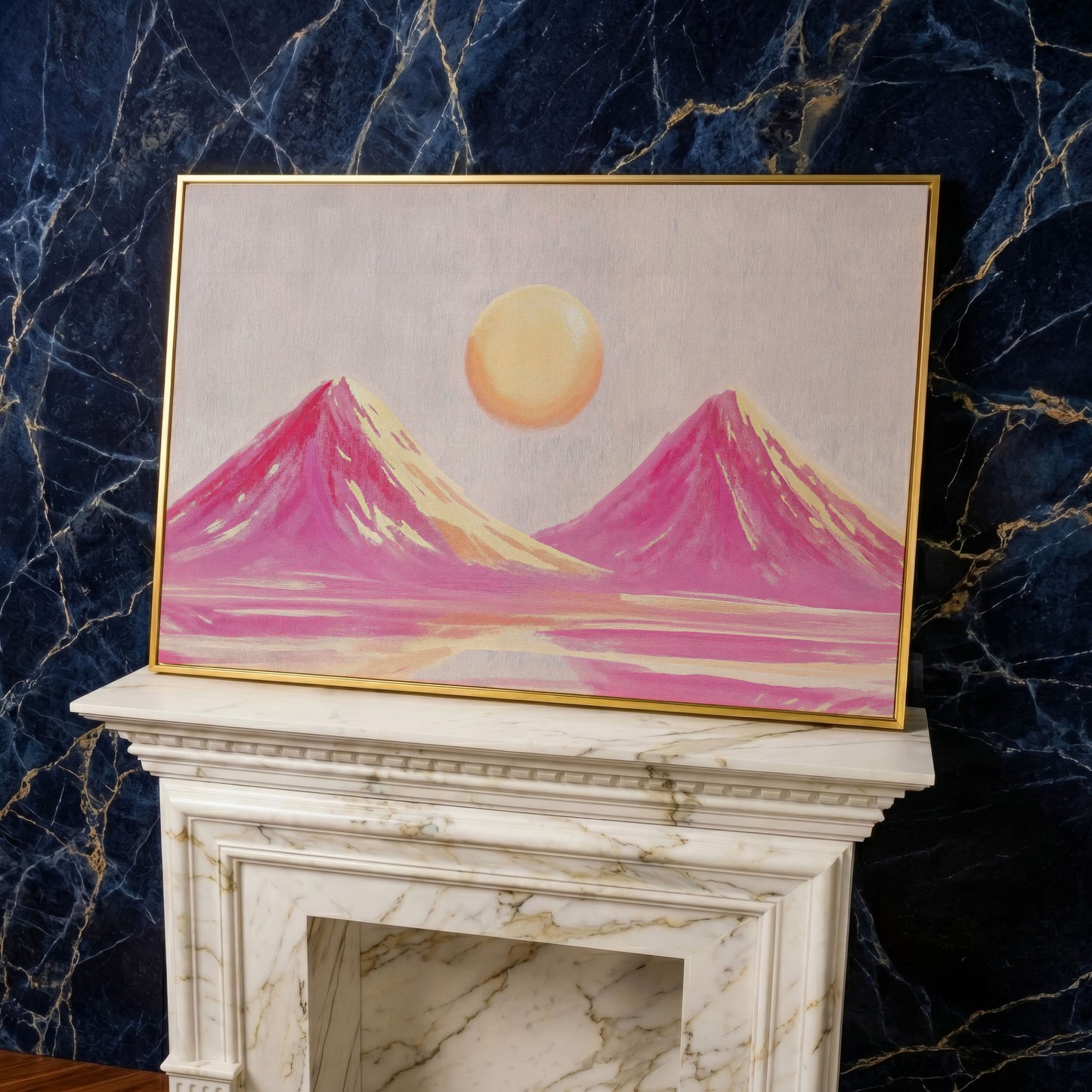 Pink Abstract Landscape with Sunset Mountain Canvas in yellow gold floating frame