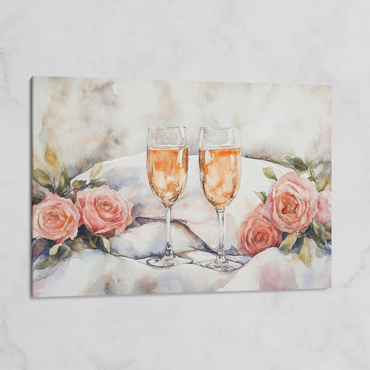 Pink Roses and Champagne Canvas on gallery wrap