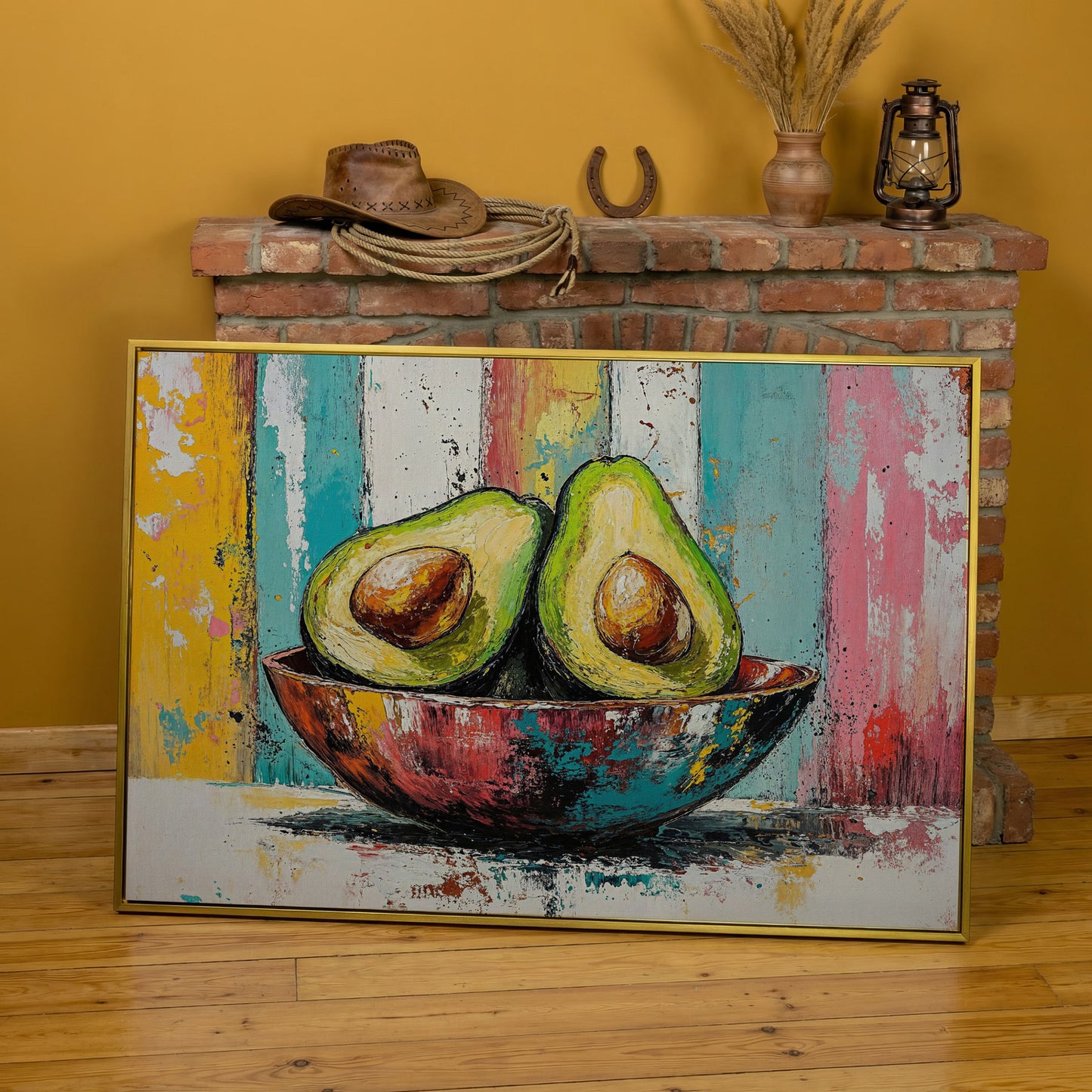 Avocado Bowl with Striped Background Canvas Art in yellow gold floating frame